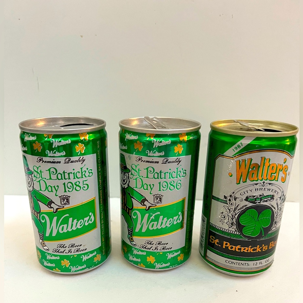 3 Walter's City Brewery St Patrick's Beer Cans 1985 -87 EMPTY 12 Fl Oz Hibernia